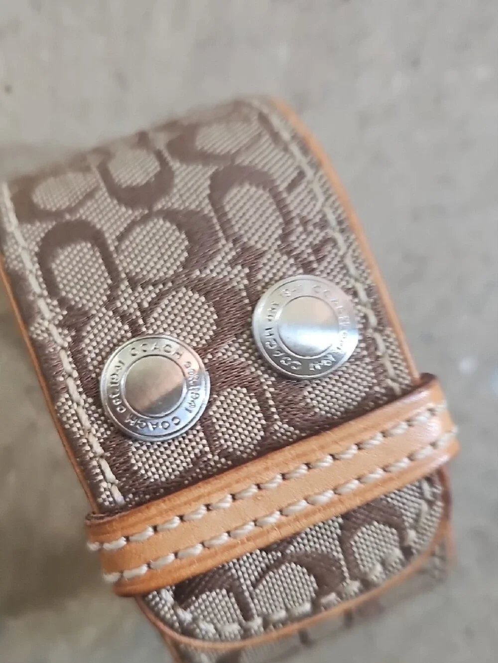 Coach Signature Jacquard Cuff Bracelet Brown Tan Logo Leather Snap Fashion
